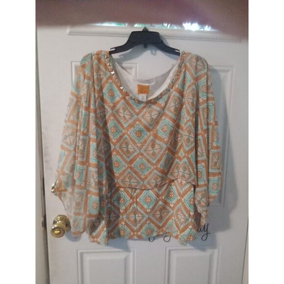 2X Sleeveless Top w Attachen 3/4 Sheer Poncho Ruby Rd Metal Beaded Neckline - Picture 2 of 7